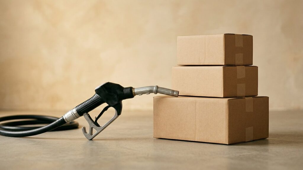 Fuel pump nozzle next to cardboard shipping boxes - Amazon FBA surcharge concept