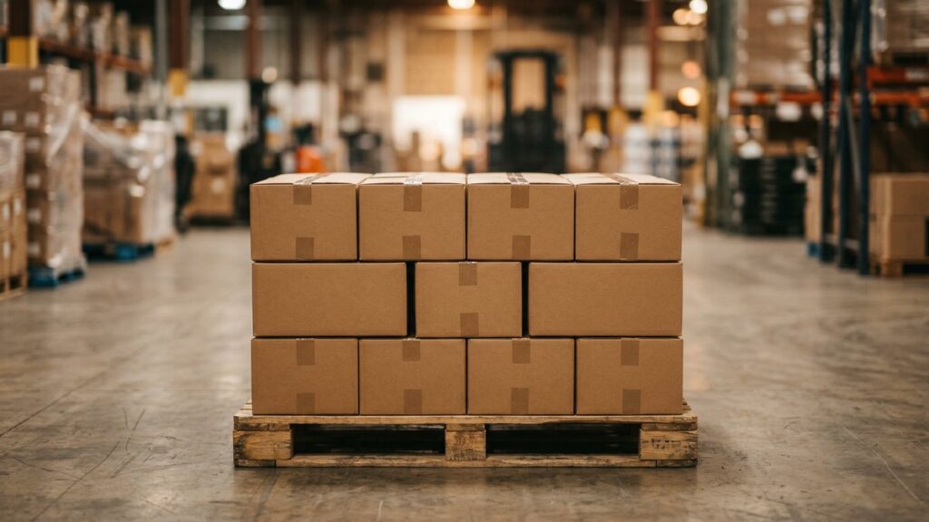Cardboard boxes stacked on a warehouse pallet