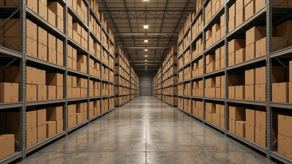 Warehouse aisle with shelves full of cardboard boxes