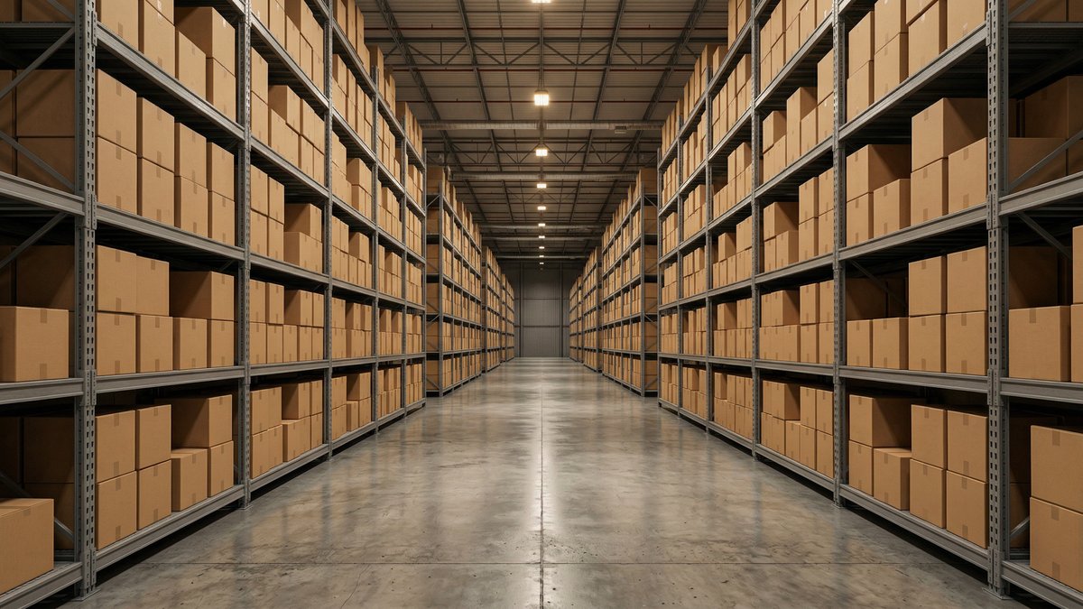 Warehouse aisle with shelves full of cardboard boxes