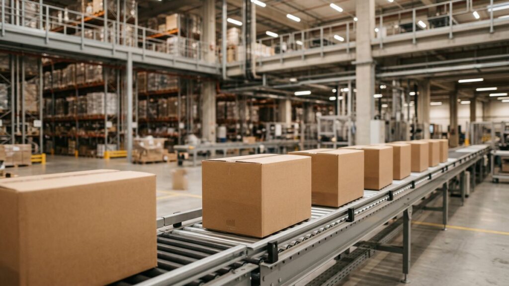 Packages on a conveyor belt in a distribution warehouse