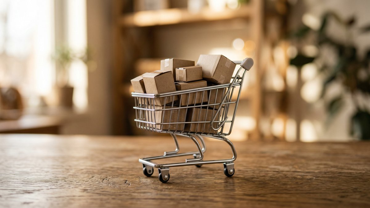 Shopping cart with miniature cardboard boxes