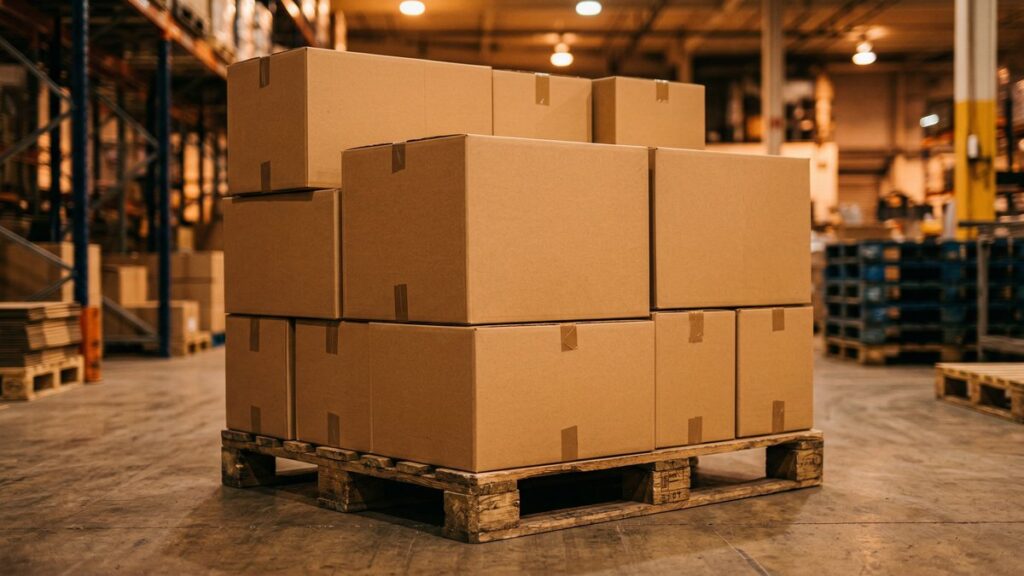 Large cardboard boxes on a warehouse pallet